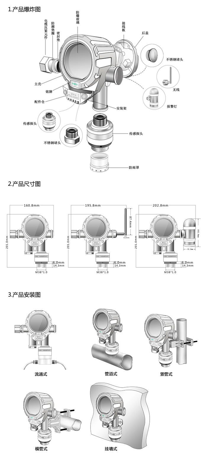 機氣貓固定在線式1-丁烯氣體報警器型網絡版尺寸與安裝圖